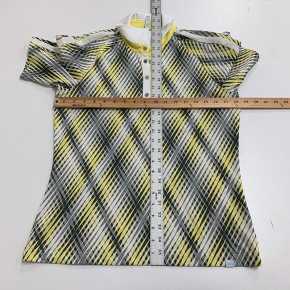 GG Blue Polo Shirt Womens M Multi Geo Print Snap Button Collared Short Sleeve - Picture 6 of 10